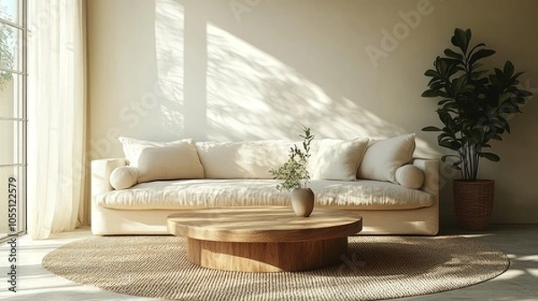 Fototapeta A minimalist living room with a white sofa, wooden coffee table, and a plant in a pot. Sunlight streams through the window, casting shadows on the wall.