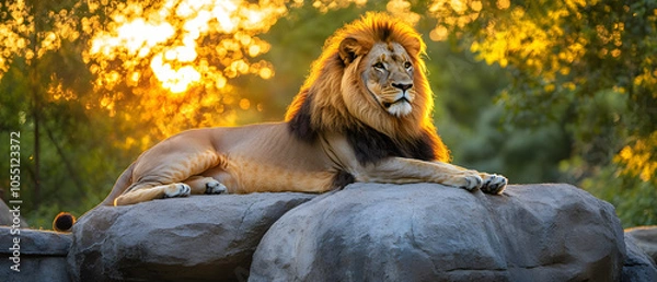 Obraz Majestic lion relaxing on rocks at sunset.