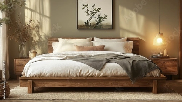 Fototapeta A modern bedroom with a wooden bed, natural light, and a neutral color palette.