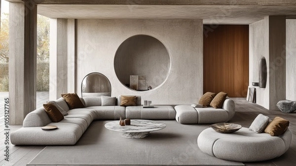 Fototapeta A modern living room with a large sectional sofa, a circular coffee table, and a wall with a circular cutout.
