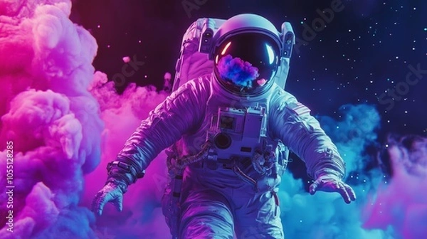Fototapeta An astronaut navigates through colorful nebulous clouds in a cosmic setting filled with vibrant hues and starlit backgrounds