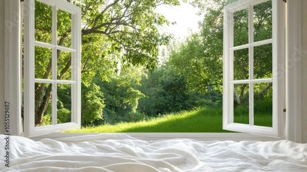 Fototapeta Serene View of a Garden from a Bedroom Window