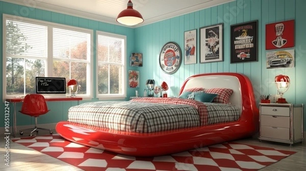 Fototapeta A retro-themed bedroom with a red and white bed, checkered rug, and a desk with a computer. The walls are aqua blue with a wood panel effect.