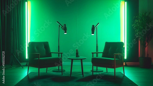 Obraz Two chairs and a table with green neon lights in a studio.