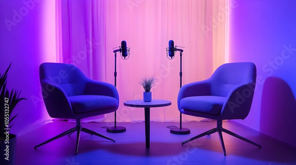Obraz Two chairs and a table with microphones in a purple room.