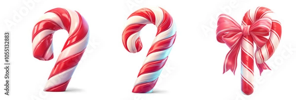 Obraz Candy cane, cartoon style, game icon, white background, 3D rendering, cute shape, candy colors, red and white striped, simple design, high resolution, high quality, no shadowing, no gradient, clear ou