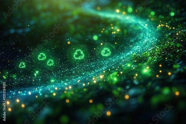 Fototapeta Glowing recycle symbols in a green forest.