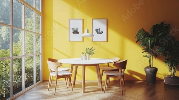 Fototapeta A sunny dining room with a round table and four chairs, a large window, and a yellow wall.