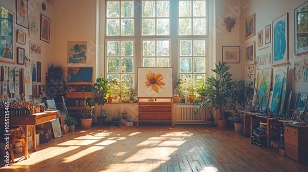 Fototapeta A sunny art studio with large windows, wooden floor, and paintings on the walls.