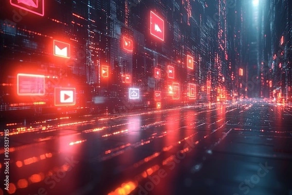 Fototapeta Red glowing social media icons on a dark background with glowing lines.