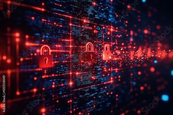 Fototapeta Red padlock icons glow on digital network background.