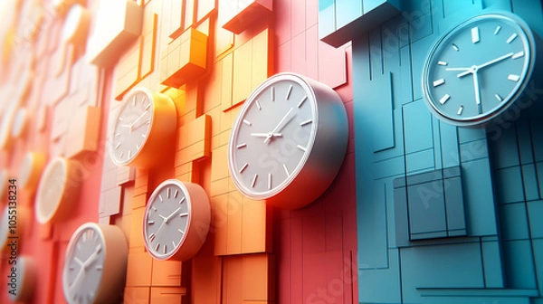 Fototapeta Abstract wall with multiple analog clocks showing different times in a geometric pattern.