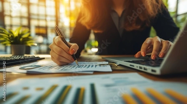 Fototapeta Professional Analyzing Data with Laptop and Notepad