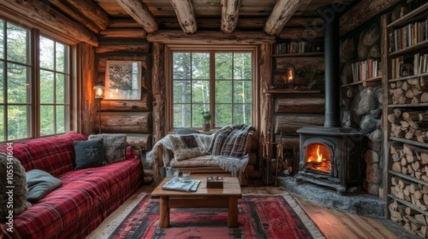 Fototapeta Cozy log cabin living room with a fireplace, a couch, a coffee table, and a bookcase filled with books.