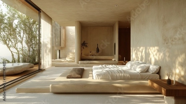 Fototapeta Minimalist bedroom with large windows overlooking a pool and tropical landscape.
