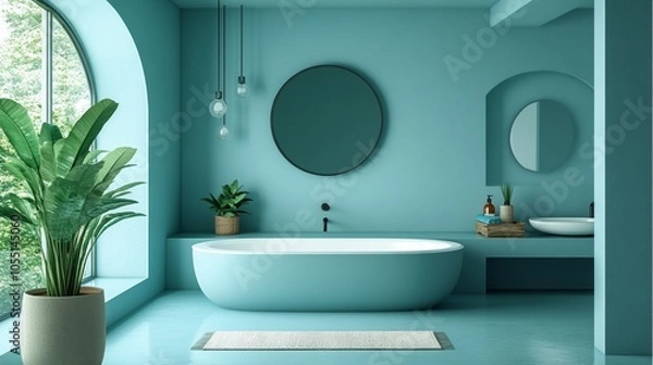Fototapeta Modern bathroom with a freestanding bathtub, a large window, and a round mirror. The walls are painted a light blue color and there are plants in the room.