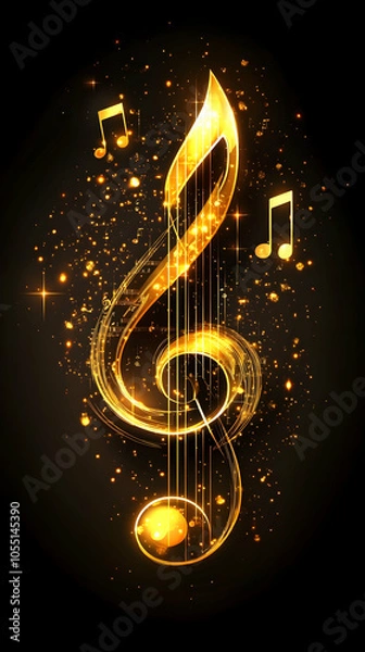 Fototapeta A golden treble clef with music notes and sparkling background.