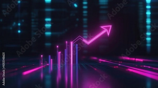 Fototapeta Dynamic neon graph arrow showing growth in a futuristic digital environment with vibrant colors and sleek design.