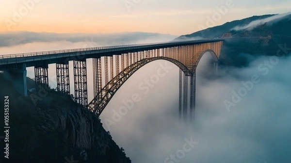 Obraz Massive bridge construction over a deep canyon, steel beams glinting in the sun, longdistance shot, aerial view, early morning fog