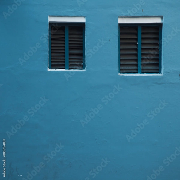 Fototapeta blue wall with two windows and horizontal lines of windows in a blue wall, blue concrete background