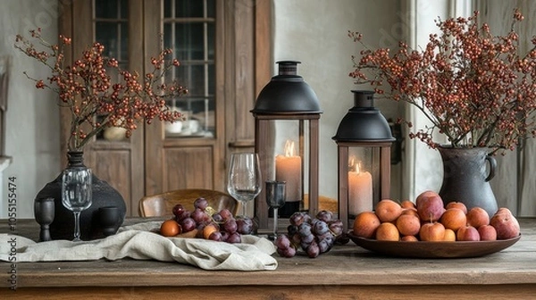 Fototapeta Rustic table setting with candles, fruit, and branches.