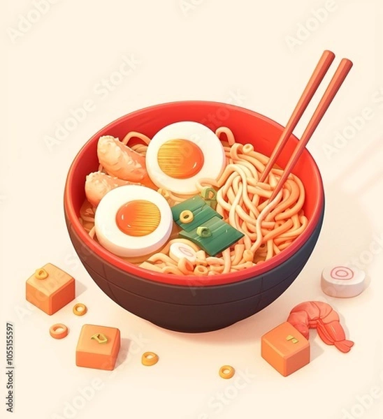 Fototapeta Ramen Bowl. Soup with egg noodles, meat and vegetables. Realism, 3D style.