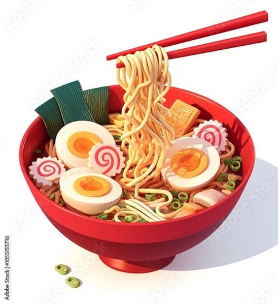 Fototapeta Ramen Bowl. Soup with egg noodles, meat and vegetables. Realism, 3D style.