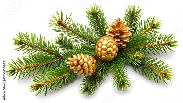 Fototapeta Christmas tree branch and golden cones isolated on white transparent, Xmas spruce, green fir pine twig