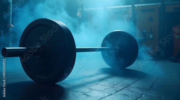 Fototapeta Barbell in the gym at night. Heavy weight lifting. Bodybuilding concept.