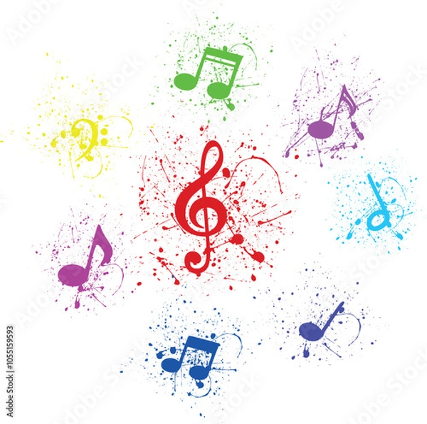 Fototapeta Multicolored musical notes in splashes of paint