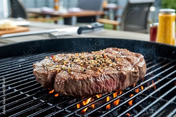 Obraz a juicy beef steak on a grill with a mix of spices ready for cooking