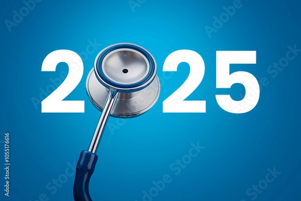Fototapeta Stethoscope and Numbers 2025 On Blue Pastel Background With Copy Space for Your Design Happy and Healthy New Year Medical Banner Image