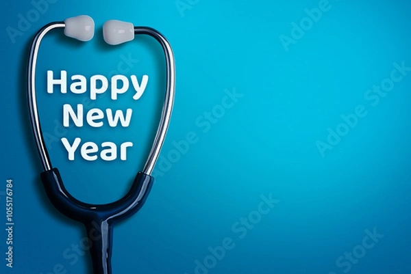 Fototapeta Stethoscope and Numbers 2025 On Blue Pastel Background With Copy Space for Your Design Happy and Healthy New Year Medical Banner Image
