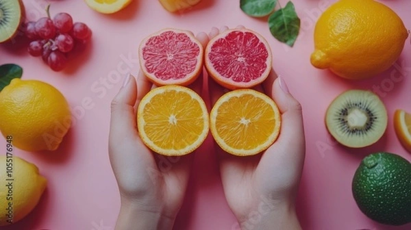 Fototapeta Woman holding orange and grapefruit slices with fresh fruit on pink background