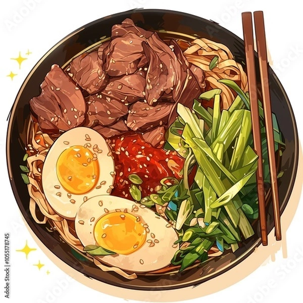 Fototapeta Ramen Bowl. Soup with egg noodles, meat and vegetables. Realism, 3D style.