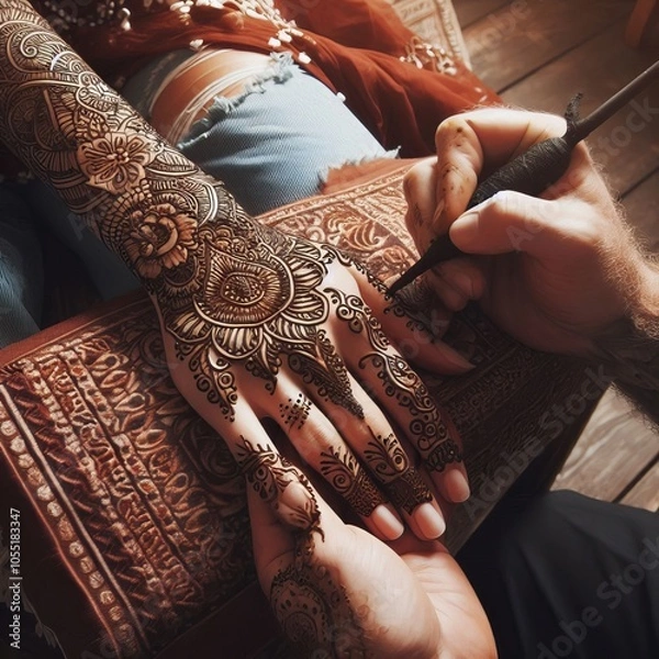 Obraz  A customer getting a henna tattoo artist's hands moving in intr