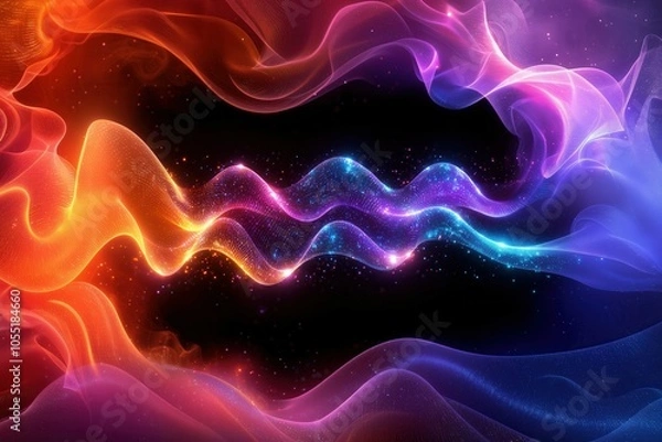 Obraz Digital Abstract Background with Glowing Neon Light Waves on a Black Backdrop, Perfect for a Wide Range of Applications Including Network Technologies, Artificial Intelligence, Data Processing, Graphi
