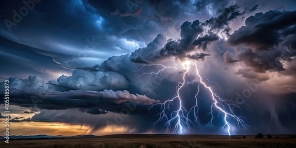 Fototapeta Dark and dramatic thunderstorm with lightning strikes and ominous storm clouds , storm, lightning, thunder, weather