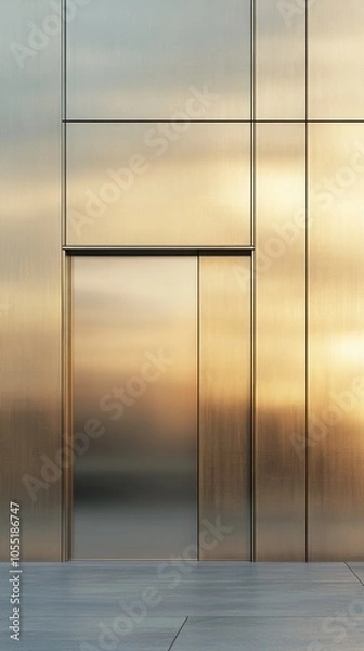 Fototapeta Modern Entrance: Minimalist, sleek and contemporary, this image showcases a sleek metallic door opening into a warm sunset, offering a captivating glimpse of a world beyond.