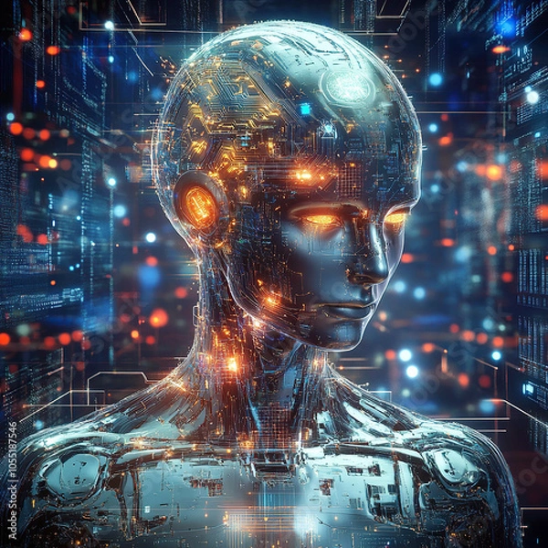 Fototapeta A futuristic and highly detailed illustration of an AI humanoid with a human head, surrounded by digital brain patterns
