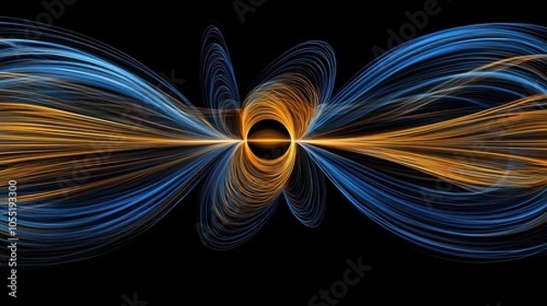 Obraz Abstract magnetic field visualization with glowing lines and arrows representing the flow of magnetic force around a central object in a dark, empty space.