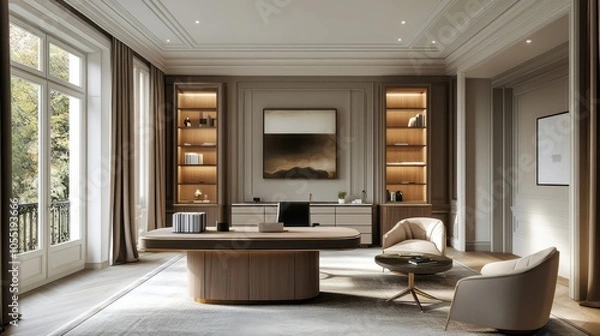 Fototapeta A spacious home office with clean lines, elegant furniture, and subtle luxury elements that foster both calm and productivity