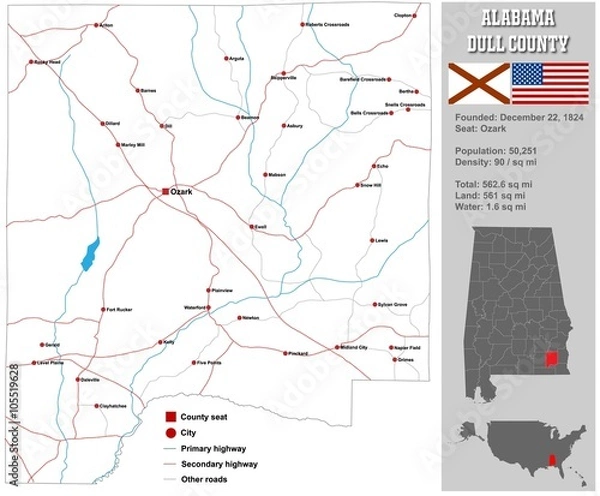 Fototapeta Large and detailed map and infos about Dull County in Alabama.