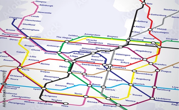 Fototapeta Europe Subway Map. Close up on a map of a fictional european subway system.