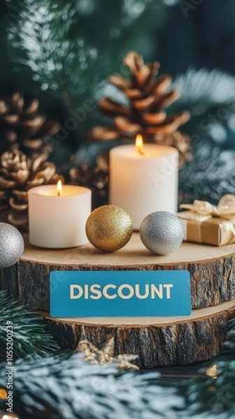 Fototapeta The discount card is displayed among candles and decorative items on rustic wood