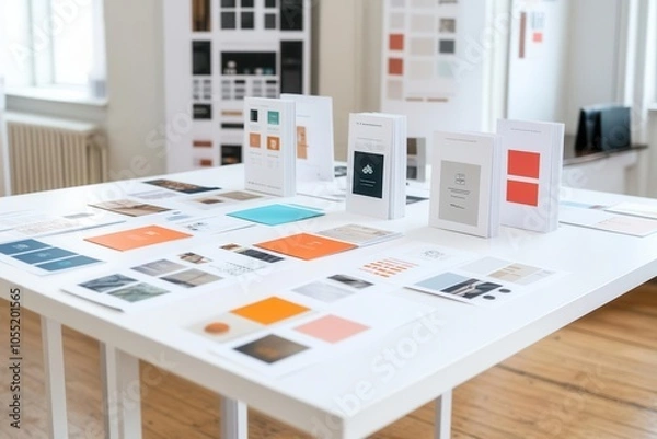 Fototapeta Large white table with colorful brand identity leaflets and printed product catalogs