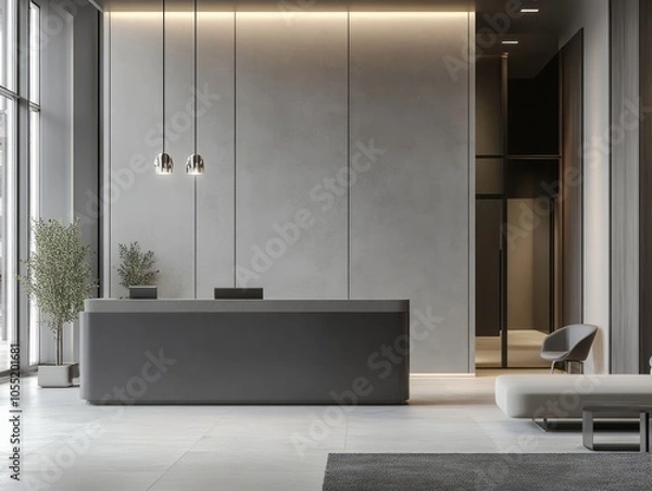 Fototapeta Gray feature walls with sleek furniture and neutral accents in a minimalist receptionist space for a modern, inviting atmosphere