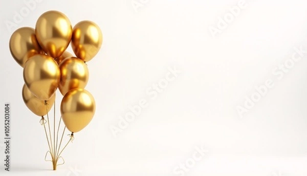Fototapeta Bright and cheerful scene featuring a cluster of elegant golden balloons against a pure white background