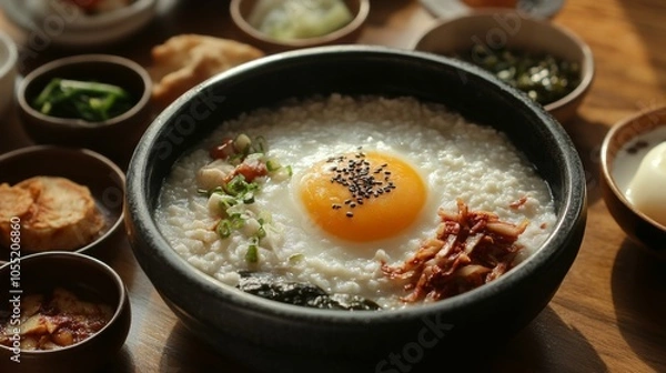 Fototapeta Bright Asian Breakfast with Congee and Side Dishes