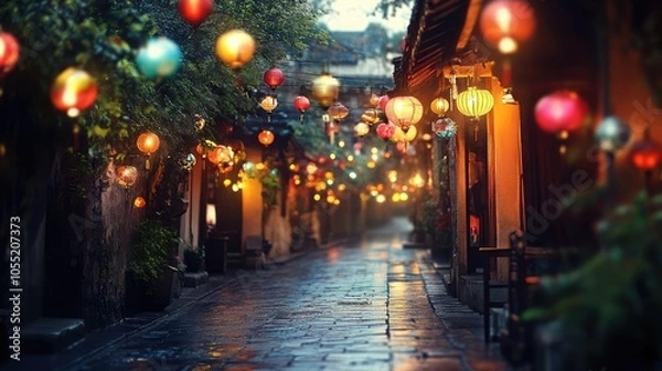 Fototapeta A narrow village road at dusk, with colorful lanterns lighting the way and creating a magical atmosphere.